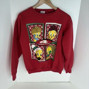 Vintage Looney Tunes Crewneck Sweatshirt Large Red Christmas Tweety Bird Graphic